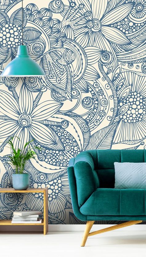 Stunning Flowers and doodles blue wall mural from Wallsauce. This high quality Flowers and doodles blue wallpaper is custom made to your dimensions. Easy to order and install plus free UK shipping. Where to buy doodle wallpaper. Make a small bedroom feel bigger with this stunning doodle wallpaper. Click to see more! #wallmural #blue #livingroominspiration #doodle #doodlewallpaper #wallpaper Hippie Apartment, Simple Bed Designs, Bed Design Modern, Interior Wallpaper, Wall Murals Painted, Simple Bed, Wallpaper Accent Wall, Apartment Aesthetic, Colour Pattern