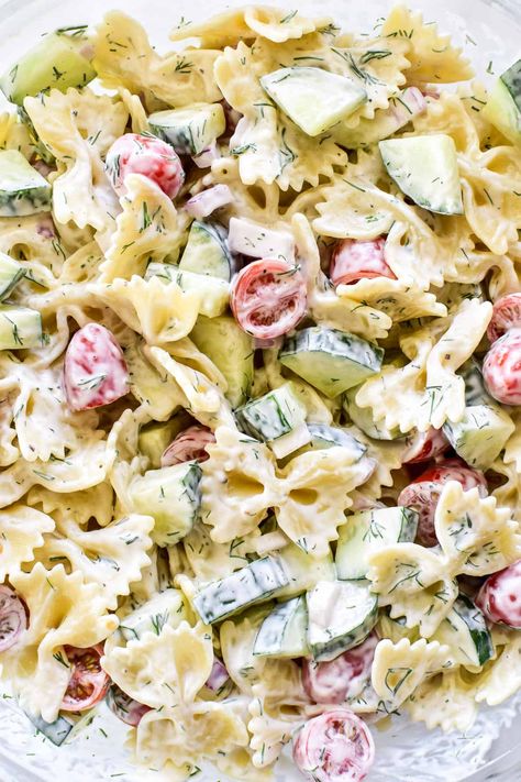 Switch up your side dish game with this creamy Cucumber Pasta Salad! Loaded with garden cucumbers, fresh tomatoes, and a creamy lemon dill dressing, it's the perfect side salad for all your summer meals! Creamy Cucumber Pasta Salad, Pasta Salad Mayo, Ranch Salad Recipes, Creamy Pasta Salad Recipe, Garden Cucumbers, Cucumber Pasta, Big Salads, Cucumber Pasta Salad, Easy Cucumber Salad