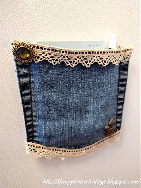 New Upcycled Projects to Make 611 - Funky Junk InteriorsFunky Junk Interiors Bird Suet, Pocket Craft, Denim Crafts Diy, Upcycled Projects, Funky Junk Interiors, Blue Jeans Crafts, Pocket Notes, Heart Pocket, Magazine Holder