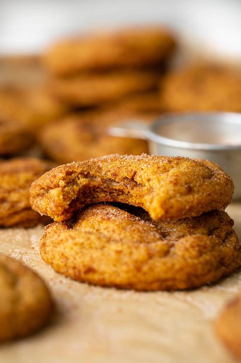 Thick and chewy and slightly gooey in the middle, these pumpkin cookies are dense and have so much amazing flavor including brown butter and maple. #cookies #recipe #pumpkin #chewy #maple Maple Syrup Pumpkin Cookies, Pumpkin Gooey Butter Cookies, Maple Pumpkin Cookies, Maple Cookies Recipe, Doodle Cookies, Chewy Pumpkin Cookies, Healthier Cookies, Pumpkin Doodle, Fall Yummies