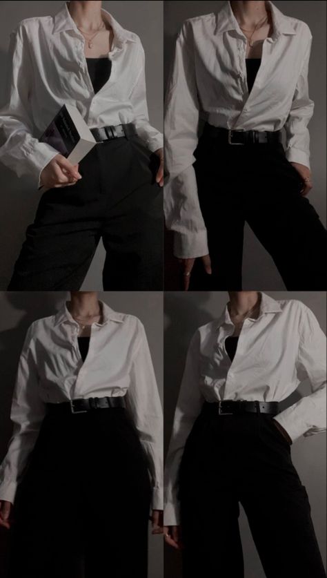 Poet Shirt Outfit Women, Feminine Formal Outfits For Men, Women In Mens Clothes, Poet Shirt Outfit, Feminine Masculine Style Outfit, White Dress Shirt Outfit, Androgynous Formal Wear, White Shirt Dress Outfit, Academia Outfits