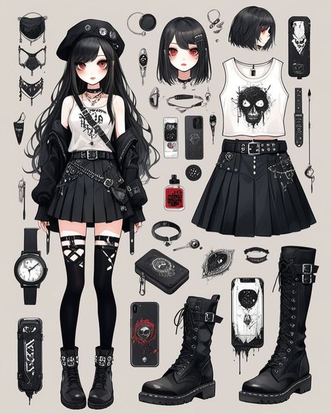 #aiart #aiartwork #aiillustration #manga #anime #illustration #aigirl #aiwoman #aipunk #punk #grunge #gothic Emo Anime Outfits, Anime Fashion Outfits Art, Punk Anime Female, Anime Style Outfit, Anime Clothes Outfits, Punk Art Style, Gothic Character Design, Anime Outfit Ideas, Gothic Characters