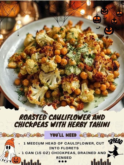 Nouna's Kitchen | Roasted Cauliflower and Chickpeas with Herby Tahini 🌱🥦✨ | Facebook Cauliflower And Chickpeas, Legume Recipes, Chickpea Recipes Roasted, Chick Pea, Head Of Cauliflower, Pea Salad, Healthy Grains, Roasted Chickpeas, Roasted Cauliflower