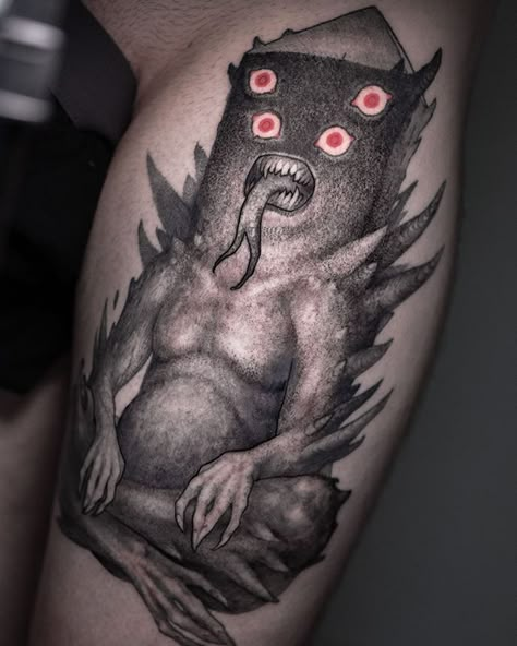 Adventure Time’s embodiment of chaos GOLB. I can’t get enough of horror nested deeply into an innocent cartoon. The contrast is arresting. Typical horror often flatlines for me. You can’t know dark without light. #adventuretime #finnandjake #iceking #chaos #landofooo #thelich #primordialserpent #cartoontattoo #adventuretimetattoo Cool Adventure Time Tattoos, Adventure Time Treehouse Tattoo, Lich King Tattoo Adventure Time, Lich Tattoos Adventure Time, The Lich Adventure Time Tattoo, The Lich Tattoo, Cool Nature Tattoos, Nature Tattoo Ideas, Adventure Time Tattoo