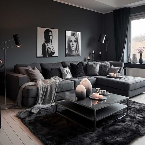 34 Grey Living Room Ideas to Inspire Your Home Decor Makeover - placeideal.com Black And Gray Furniture Living Room, Black Living Room Grey Couch, Grey And Black Decor Living Room, Dark Lounge Ideas Living Rooms, Grey And Black Lounge Ideas, Grey And Black Sofa Living Room Ideas, Sofa Design Living Rooms Black, Dark Classy Living Room, Grey Living Room Sofa Ideas