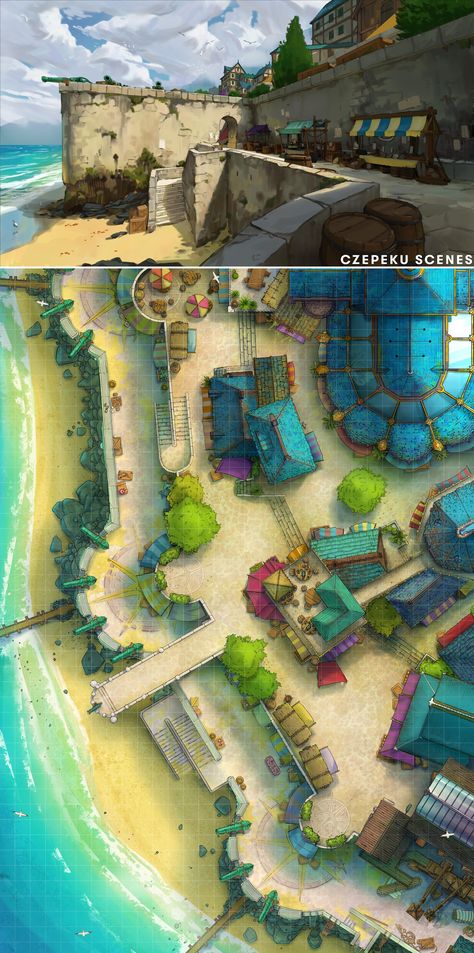 What are your plans for the day at the beach town? Town Battlemap, Dnd Town, Cinematic Scene, Haunted Towns, Sky Day, Rpg Ideas, Dnd Ideas, Dnd Maps, Rpg Maps