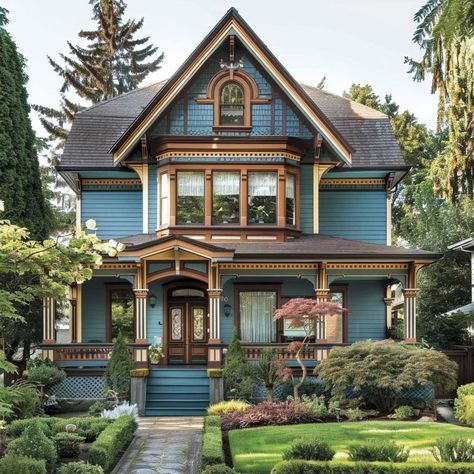 Brown House Exterior Ideas Chocolate, Blue Victorian House Exterior, 1900s House Exterior, House Outer Colour, 1920s House Exterior, Victorian Exterior Color Schemes, Mansard House, Blue Victorian House, Tutor House