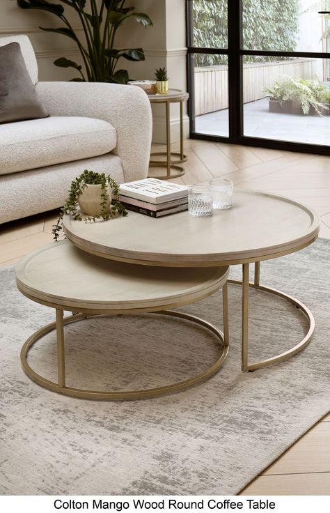 Solid mango wood furniture in a light wash finish, featuring a champagne gold effect metalwork frame Funky Coffee Tables, Round Coffee Table Styling, Round Coffee Table Decor, Coffee Table Arrangements, Round Coffee Table Living Room, Coffee Table Decor Living Room, Circle Coffee Tables, Mango Wood Coffee Table, Center Table Living Room