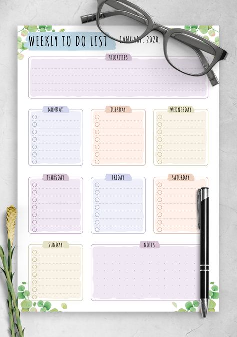 To Do list with the weekly format featuring daily to-do lists, notes and priorities sections. The template comes in a floral style featuring a wonderful color palette. Download PDF and become productive - today. | Sections: To Do Lists Printable / Printable Planner / Daily Planner Pages / Schedule Templates / Daily Planners. #printable #planner #daily #to #do #onplanners Weekly To Do List Template, Free To Do List, Day Planner Template, To Do List Template, Travel Planner Template, Weekly To Do List, Study Planner Printable, To Do List Printable, Herz Tattoo