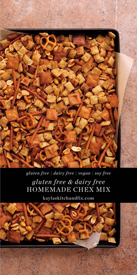 This Gluten Free & Dairy Free Chex Mix is made using a few better for you swaps but tastes just as good as the real thing, if not better. It can be made in a slow cooker or in the oven and either way, it's super simple and so delicious! Gluten Free Dairy Free Tailgate Food, Vegan Chex Mix Recipe, Gluten Free Chex Mix Recipes, Healthy Chex Mix, Gluten Free Snack Mix, Gluten Free Chex, Homemade Chex Mix, Sweet Potato Tots, Dairy Free Appetizers