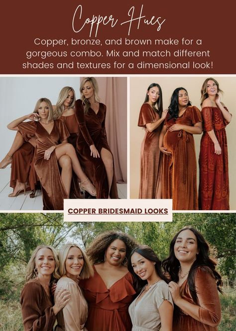 Copper Cinnamon Bronze Brown Bridesmaid Dresses Rust Color Palette Bridesmaid Dresses, Shades Of Copper Bridesmaid Dresses, Brown Copper Bridesmaid Dress, Brown Shades Wedding Theme, Cinnamon Dress Wedding, Bronze Bridesmaid Dresses Copper, Bronze Bridesmaid Dress, Shades Of Brown Bridesmaid Dresses, Copper Bridesmaids Dresses