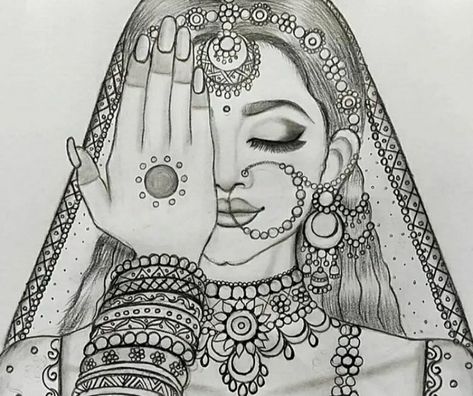 Bride Face Drawing, Heeramandi Drawing, Girly Drawings Pencil, Indian Bride Sketch, Dulhan Drawing, Mehendi Sketch, Pencil Drawing Images, Flower Pattern Drawing, Easy Mandala Drawing