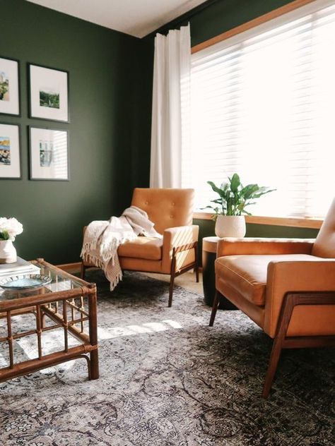 Decorate Dark Living Room, Small Green Sitting Room, Dark Green And Walnut Living Room, Olive Paint Living Room, Green Accent Wall Living Room Fireplace, Deep Green Walls Living Room, Green Rust Cream Living Room, Fern Green Living Room, Green Wall Brown Furniture