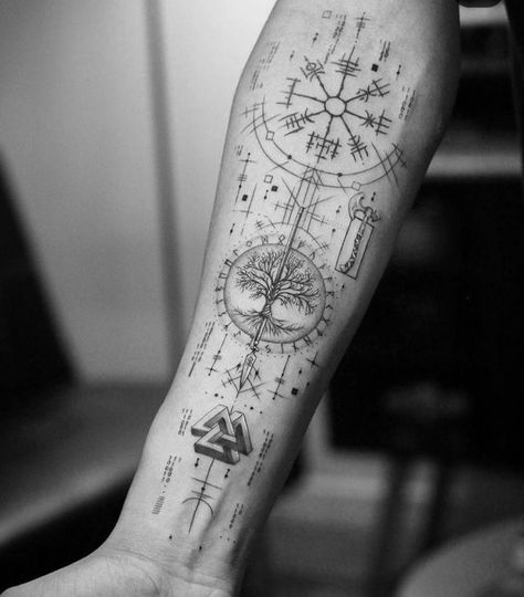 Nordic Compass Tattoo, Tato Irezumi, Viking Tattoo Sleeve, Forearm Band Tattoos, Rune Tattoo, Tattoo Henna, Wrist Tattoos For Guys, Geometry Tattoo, Arm Band Tattoo