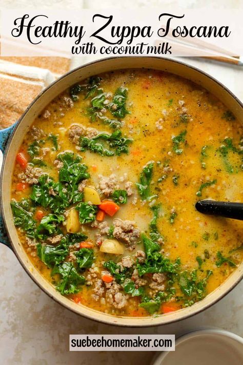 Healthy Zuppa Toscana is a healthier spin on the well-known Olive Garden version of this soup. This recipe includes some lean ground turkey in addition to Italian sausage as well as coconut milk instead of heavy cream. Turkey Zuppa Toscana Soup, Soup Recipes With Heavy Cream, Soup With Ground Turkey Meat, Healthy Ground Turkey Soup, Soup Using Ground Turkey, Ground Turkey Soup Recipes Healthy, Ground Turkey Fall Recipes, Ground Turkey Soup Healthy, Soups With Ground Turkey