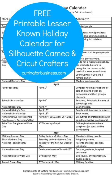 Printable Calendar of Lesser Known Holidays for Small Business Crafters - Great for Silhouette Cameo and Cricut crafters! by cuttingforbusiness.com Cricut Learning, Silouhette Cameo, Craft Booths, Embroidery Business, Display Room, National Doctors Day, Business Calendar, Silhouette School, Silhouette Cameo Tutorials