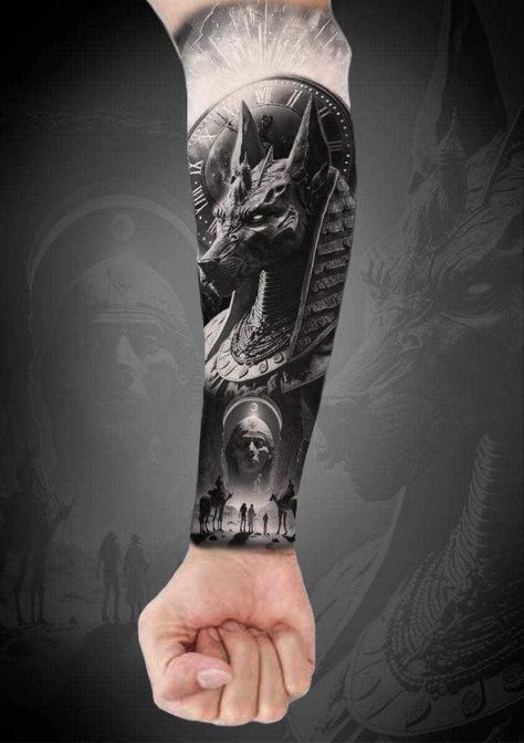 Egypt Tattoo Design, Samurai Tattoo Sleeve, Gladiator Tattoo, Egyptian Tattoo Sleeve, Anubis Tattoo, Egypt Tattoo, Full Arm Tattoos, Wrist Tattoos For Guys, Biomechanical Tattoo