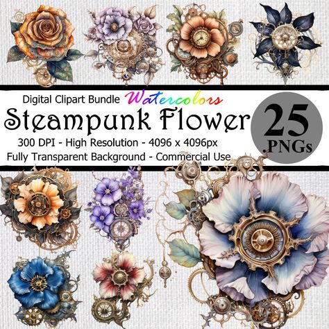 This clipart collection features 25 vivid digital watercolor depictions of steampunk stylized flowers! Gear, wires, and clockwork mechanisms are incorporated in to these clean and colorful floral designs, making them suitable for all of your fantasy steampunk needs. This digital clip art is highly detailed and carefully crafted to be very high resolution and versatile. These are 300 dpi, print quality and can be used in a variety of crafts, DIY projects, and commercial projects. Steam Punk Flowers, Steampunk Art Gears, Fantasy Flowers Art, Gears Drawing Steampunk, Steampunk Printables Free Steam Punk, Steampunk Flowers, Steampunk Clipart Vintage Images, Fantasy Flowers, Steampunk Artwork