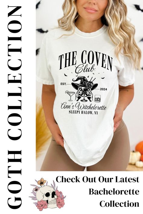 Dress your bride and her coven in mystical elegance with our Bride's Coven Bachelorette Party Shirts. Perfect for a gothic-themed wedding or a spooky celebration, these matching tees blend celestial charm with spooky mystique. The bride and her bridesmaids will adore these unique and hauntingly beautiful shirts, making them an ideal gift for her and the Witches Brew Crew. Coven Bachelorette Party, Goth Bachelorette Party, Brides Coven, Coven Bachelorette, Goth Bachelorette, Witchy Bride, Party T Shirts, Melbourne Florida, Witchy Halloween