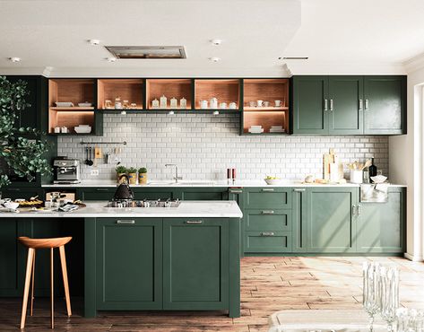 Dark Green Kitchen, Green Kitchen Designs, Scandi Kitchen, Green Kitchen Cabinets, Green Cabinets, Kitchen Design Trends, Scandinavian Kitchen, Trends 2023, Boho Kitchen