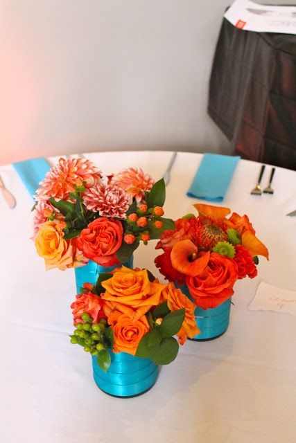 Teal Centerpieces, Tissue Paper Balls, Coral Bouquet, Orange Centerpieces, Early Fall Weddings, Red Centerpieces, Blue Wedding Centerpieces, Orange Cocktails, Bright Color Schemes