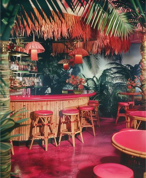 Tiki Bar Photoshoot, Tiki Bar Color Palette, Palm Springs Room Aesthetic, Wedding Tiki Bar, Diy Tiki Bar Decor, Tiki Interior Design, Tiki Food Ideas, Retro Tropical Aesthetic, Fun Bar Ideas