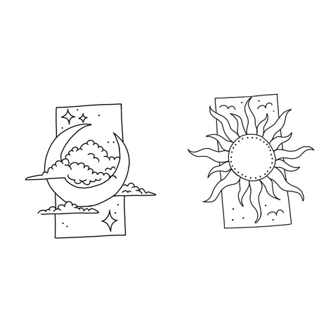 Matching Flash Art Tattoos, Opposite Friend Tattoo, Moon Tarot Card Drawing, Matching Tattoos Sun And Moon, Small Stamp Tattoo, Sun And Moon Couple Tattoo, Sun And Moon Matching Tattoos, Tat Fonts, Random Drawing Ideas