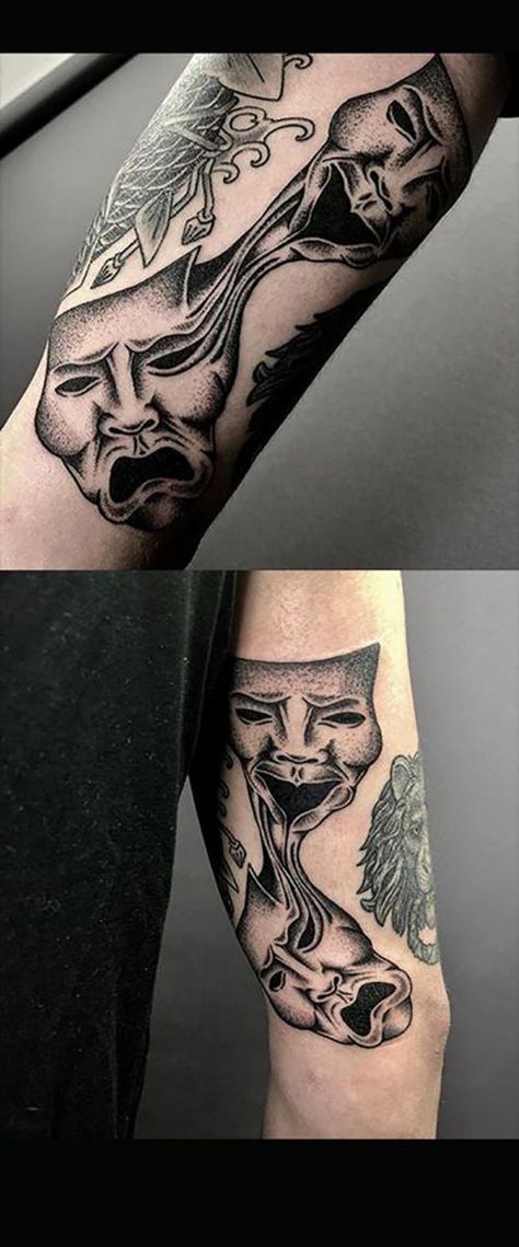 50 Insanely Detailed Dotwork Tattoos That Will Make You Want One (Like, Now.) Theater Mask Tattoo, Minimalist Tattoo Meaning, Typography Tattoo, French Tattoo, Kentish Town, Mens Shoulder Tattoo, Chest Piece Tattoos, Mask Tattoo, Delicate Tattoo