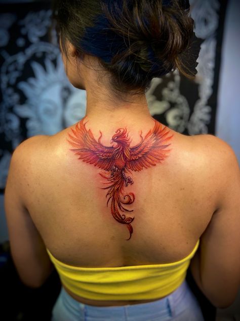 ORIGINALLY DESIGNED AND TATTOO BY @rahulbaarve @tattoouddhyog #wecreatememorieswithink #phoenix #phoenixtattoo #fashion #fashionmodel #fashionista #instagood #tattooartist #tattoos #tattoo #tattooart #ink #inked #inkedgirl #motivation #designer #design #hardwork #artwork #artworkoftheday #tattoostyle #tattoomodel #tattoouddhyog Red Ink Phoenix Tattoo, Phoinex Tattoos Women, Women Phoenix Tattoo, Phenoix Tattoos Back, Phoenix Chest Tattoo Female, Phoenix Tattoo Back Women, Neck To Shoulder Tattoo Women, Phoenix Neck Tattoo, Fire Phoenix Tattoo Feminine