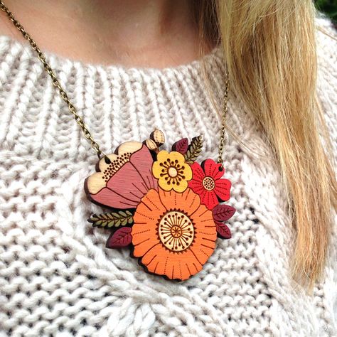 Autumn posy necklace www.layla-amber.co.uk Laser Cut Necklace, Laser Cut Jewelry, Painted Jewelry, Hand Painted Jewelry, Wooden Earrings, Wood Jewellery, Wooden Jewelry, Etsy Jewelry, Polymer Clay Jewelry