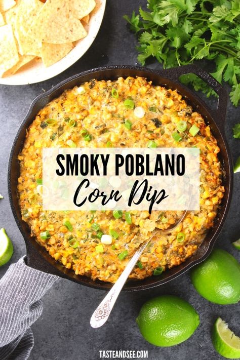 Corn Poblano Dip, Poblano Pepper Dip Recipes, Smoked Poblano Peppers, Poblano Creamed Corn, Smoked Poblano Pepper Recipes, Poblano Cream Corn, Roasted Poblano Corn Dip, Corn And Poblano, Grilled Side