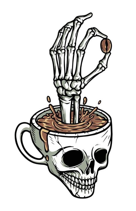 Best coffee skull vector illustration Skull Drinking Coffee, Coffee Cartoon, Coffee Tattoos, Coffee Vector, Coffee Tree, Posca Art, Coffee Drawing, Coffee Illustration, Make Peace