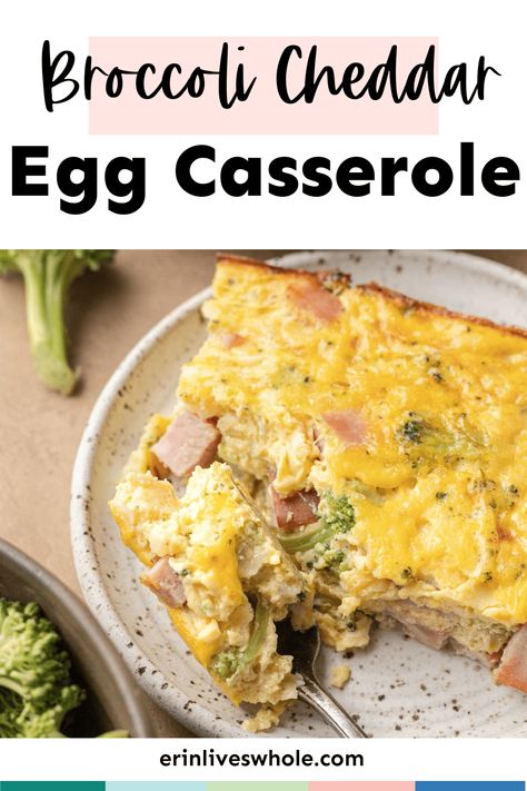 Broccoli Cheddar Ham Egg Casserole - Erin Lives Whole Ham And Broccoli Egg Bake, Broccoli Egg Casserole, Ham Egg Casserole, Potato Egg Bake, Bacon Egg Bake, Breakfast Egg Casserole Recipes, Ham And Egg Casserole, Ground Turkey Casserole, Broccoli Cheddar Casserole