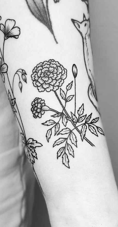 Mums Tattoo Flower, Flower Tattoos Black, Two Marigold Tattoo, Marigold Tattoo Linework, Marigold Line Art Tattoo, Marigolds Tattoo, Black Marigold Tattoo, American Traditional Marigold Tattoo, Simple Marigold Tattoo Outline