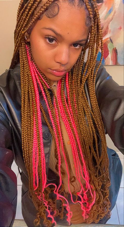 Braided Hairstyles Peekaboo Pink, Braids For Black Women Pink And Black, Ginger Braids With Peekaboo, Ginger Peak A Boo Braids, Picaboo Hair Color Braids, Blonde And Pink Bohemian Braids, Black And Pink Peekaboo Goddess Braids, Goddess Braids With Color Pink, Boho Braids With Pink Peekaboo