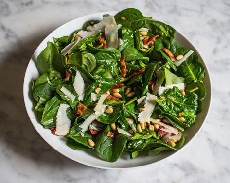 Spinach, smoked bacon, pine nut and parmesan warm salad Spinach Salad With Bacon, Pine Nuts Salad, Fried Bacon, Parmesan Salad, Warm Salad, Pine Nut, Spinach Leaves, Parmigiano Reggiano, Spinach Salad