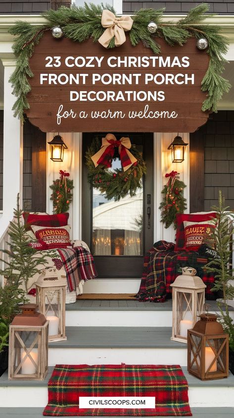 Create a welcoming entrance with these 23 cozy Christmas front porch decorations! From glowing lanterns and rustic wooden signs to lush greenery and plaid blankets, bring warmth and festive charm to your porch. Rustic Porch Christmas Decor, Christmas Porch Arch, Front Porch Railing Christmas Decor, Front Porch Christmas Decor Ideas Rustic, Christmas Front Porch Decorating Ideas, Christmas Front Porch Decorations, Porch Holiday Decor, Outdoor Porch Christmas Decor, Christmas Hanging Baskets