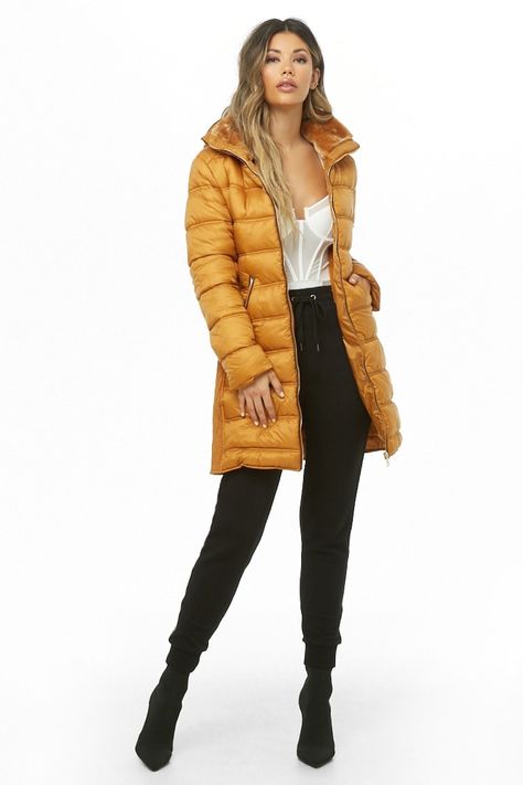 Forever 21 Hooded Puffer Jacket in Mustard $58 Yellow Puffer Jacket Outfit, Yellow Puffer Jacket, Turkey Trip, Puffer Jacket Outfit, Sweater Jeans, Long Puffer Jacket, Winter Attire, Weather Seasons, Hooded Puffer Jacket