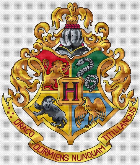 Complete cross stitch pattern for The Hogwarts Crest with backstitch detail. Harry Potter Cross Stitch, Harry Potter Cross Stitch Pattern, Cross Stitch Harry Potter, Harry Potter Crochet, Hogwarts Crest, Completed Cross Stitch, Disney Cross Stitch, Cross Stitch Patterns Free, Knitting Charts