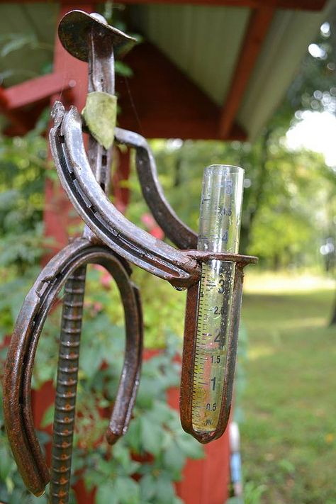 Rain Gauge | by keller_jaime Rain Gauge Ideas, Welding Ideas, Horseshoe Projects, Homestead House, Rain Gauge, Metal Sculptures, Horse Shoes, Horseshoe Art, Metal Yard Art