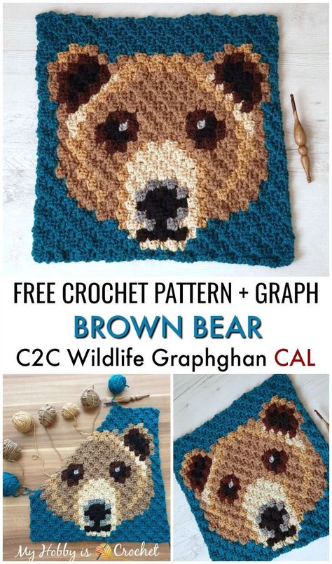 The Brown Bear C2C Square is block no.12  of the Wildlife Graphghan CAL.  Find the free written instructions + graph on My Hobby is Crochet blog. .... #crochet #freecrochetpattern #pixelcrochet #c2ccrochet #cornertocornercrochet #myhobbyiscrochet #redheartyarns Crochet Pattern Graph, C2c Patterns, Corner To Corner Crochet Pattern, Crochet C2c Pattern, Crochet Brown, C2c Blanket, C2c Crochet Pattern Free, Corner Crochet, Crochet Bear Patterns