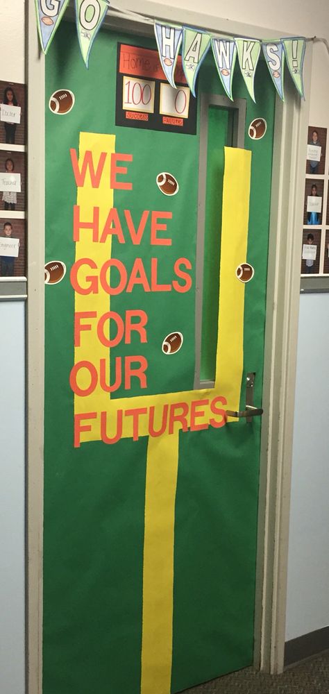 Football Classroom Door Ideas, Football Classroom Theme, Football Door Decorations Classroom, Football Bulletin Board Ideas, Football Bulletin Boards, Cafeteria Decorations, School Cafeteria Decorations, Teacher Appreciation Poster, School Sports Theme