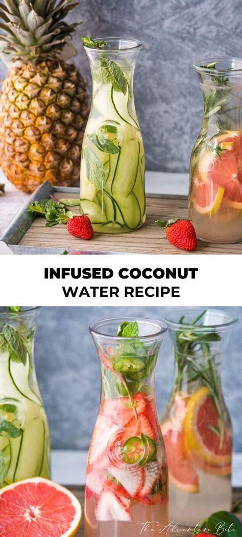 Infused Coconut Water Recipes, Coconut Infused Water, Drinks With Coconut Water Healthy, Flavored Coconut Water, Flavored Coconut Water Recipes, Coconut Water Juice Recipes, Recipes With Coconut Water, Coconut Water Drink Recipes, Infused Coconut Water