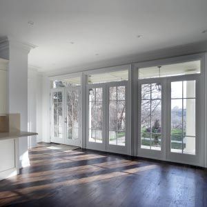 Replace four windows in sunroom with two sets of white French doors leading out to patio. French Doors With Transom, Sunroom Windows, White French Doors, Installing French Doors, French Doors Exterior, Hardwood Floors Dark, French Doors Patio, Sliding Glass Doors, Transom Windows