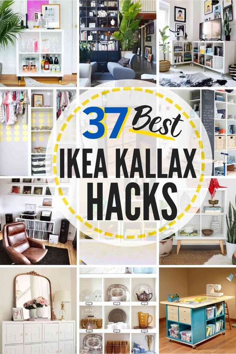 35 INCREDIBLE IKEA KALLAX HACKS! This is such a versatile piece of furniture from Ikea! See how industrious homeowners and DIY bloggers hacked their Kallax units in genius ways! Kallax Hack Playroom, Ikea Kallax Wall Divider, Ikea Kallax Room Divider Bedrooms, Wallpaper Kallax Unit, Ikea Kallax Doors Diy Living Room, Ikea Kallax Hack Mudtoom, Kallax Playroom, Ikea $15 Curtain Hack, Pax Hack