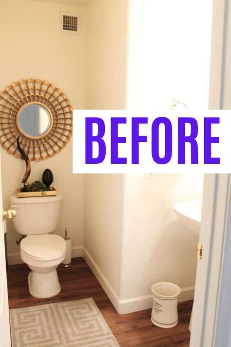 Easy Guest Bathroom Makeover, Budget Guest Bathroom Makeover, Updating Guest Bathroom, Washroom Makeover Budget, How To Update Brown Tile Bathroom, Rental Bathroom Makeover, Tiny Bathroom Makeover, Modern Towel Bars, Colourful Bathroom