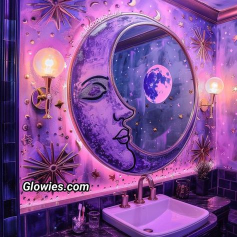 Sparkly Bathroom, Moon Bathroom, Bathroom Decor Aesthetic, Vegas House, Purple Bathroom Decor, Monique Lula, Purple Bathroom, Earthy Modern, Rock Room