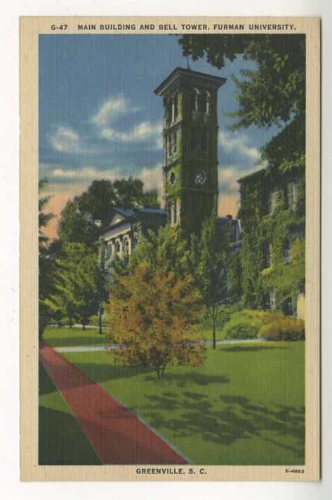 Furman University, University Aesthetic, Greenville South Carolina, Bell Tower, Carolina Beach, Postcard Printing, Greenville Sc, Vintage Postcard, Scenic Views