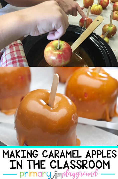 Making Caramel Apples In The Classroom - This is such a fun activity to do during your apple unit or during your fall class party! #caramelapples #fallclassparty Caramel Apples Crockpot, Halloween Food Bar, Fall Class Party, Easy Carmel, Fall Themed Desserts, Preschool Halloween Party, Rainbow In A Jar, Making Caramel, Apple Classroom