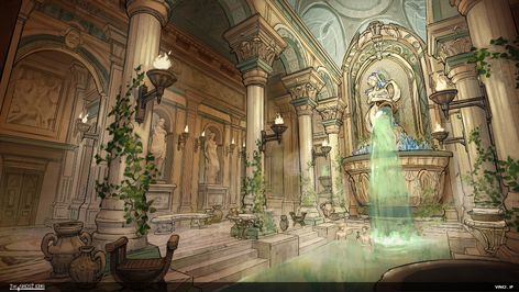 ArtStation - The Ghost King - Victorinus's Bathhouse - Interior Shot, Vinci Ip Bathhouse Art, Interior Concept Art, Ghost King, Greenhouse Interiors, Castles Interior, Location Inspiration, Fantasy City, Fantasy Castle, Fantasy Setting